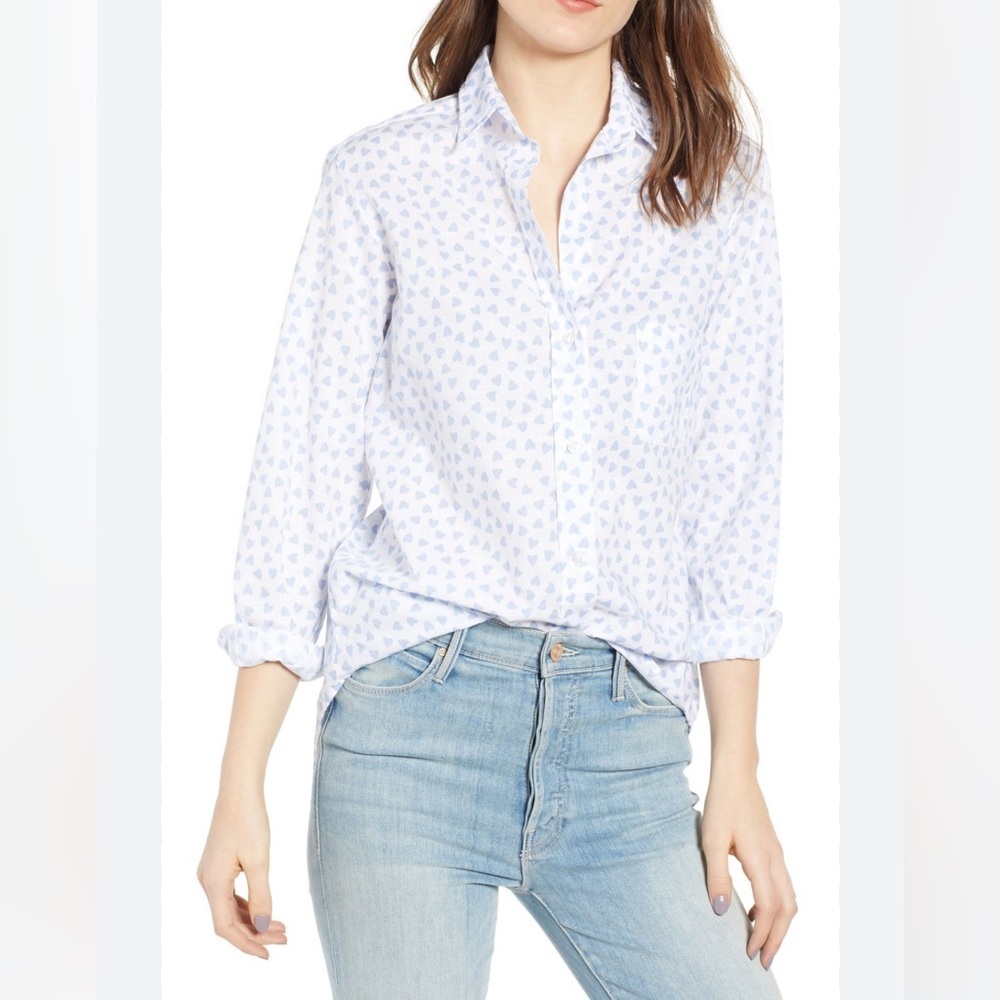 Frank & Eileen Frank White and Blue Heart Print Button Down XS